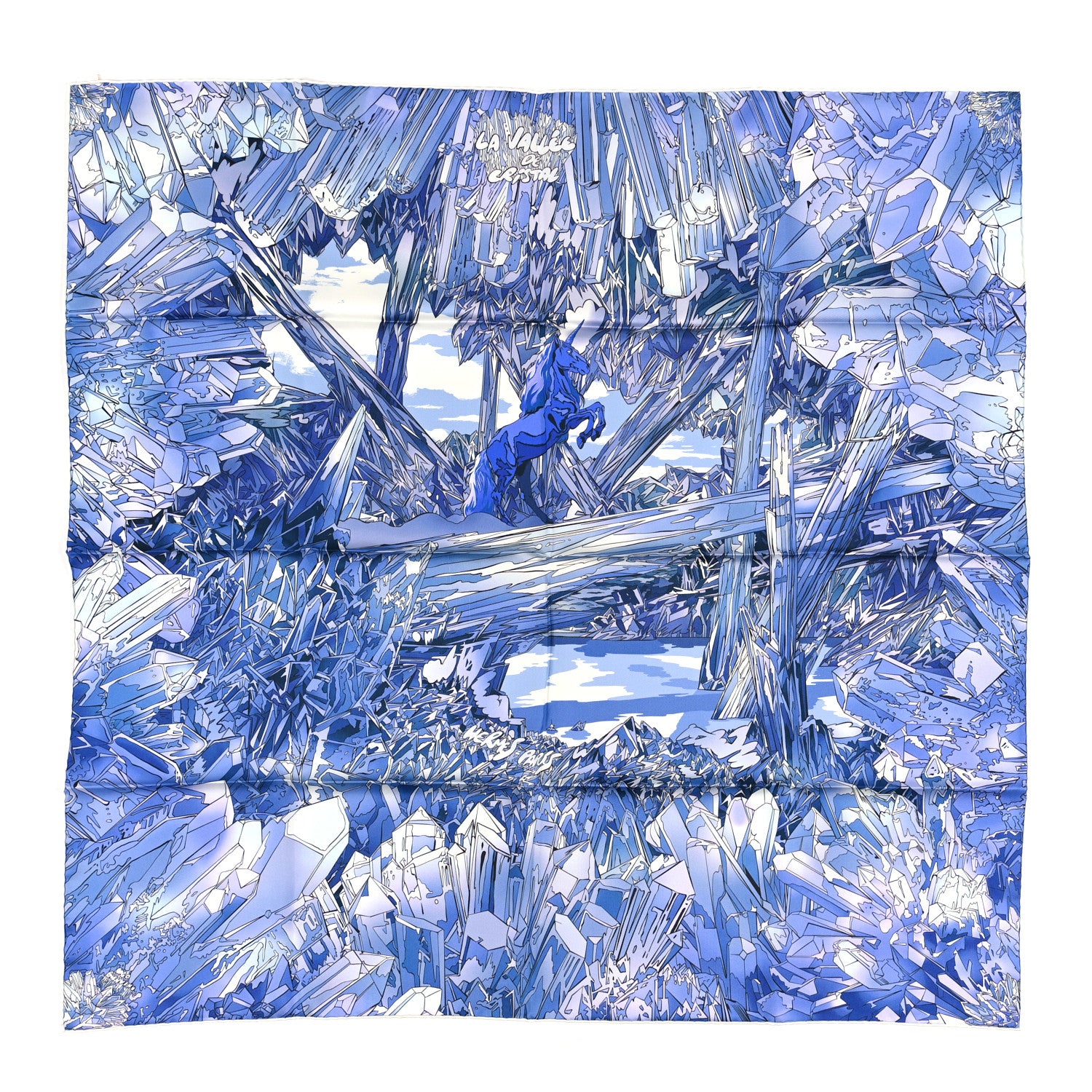 Hermes Silk Twill La Vallee De Cristal Scarf 90 Bleu White Parme 1 of 4