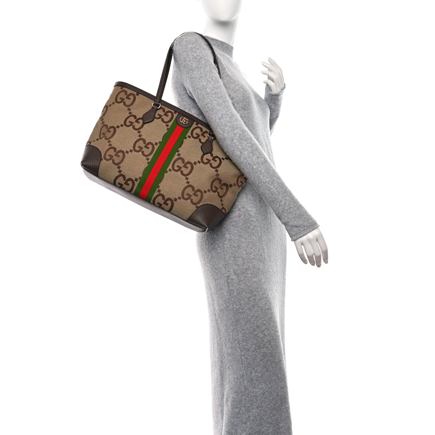 Gucci Monogram Jumbo GG Textured Dollar Calfskin Web Medium Ophidia Shopping Tote Camel Ebony 2 of 8