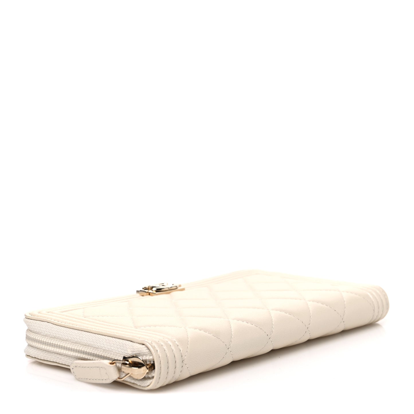 Metallic Lambskin Quilted Boy Zip Around Wallet  Ivory
