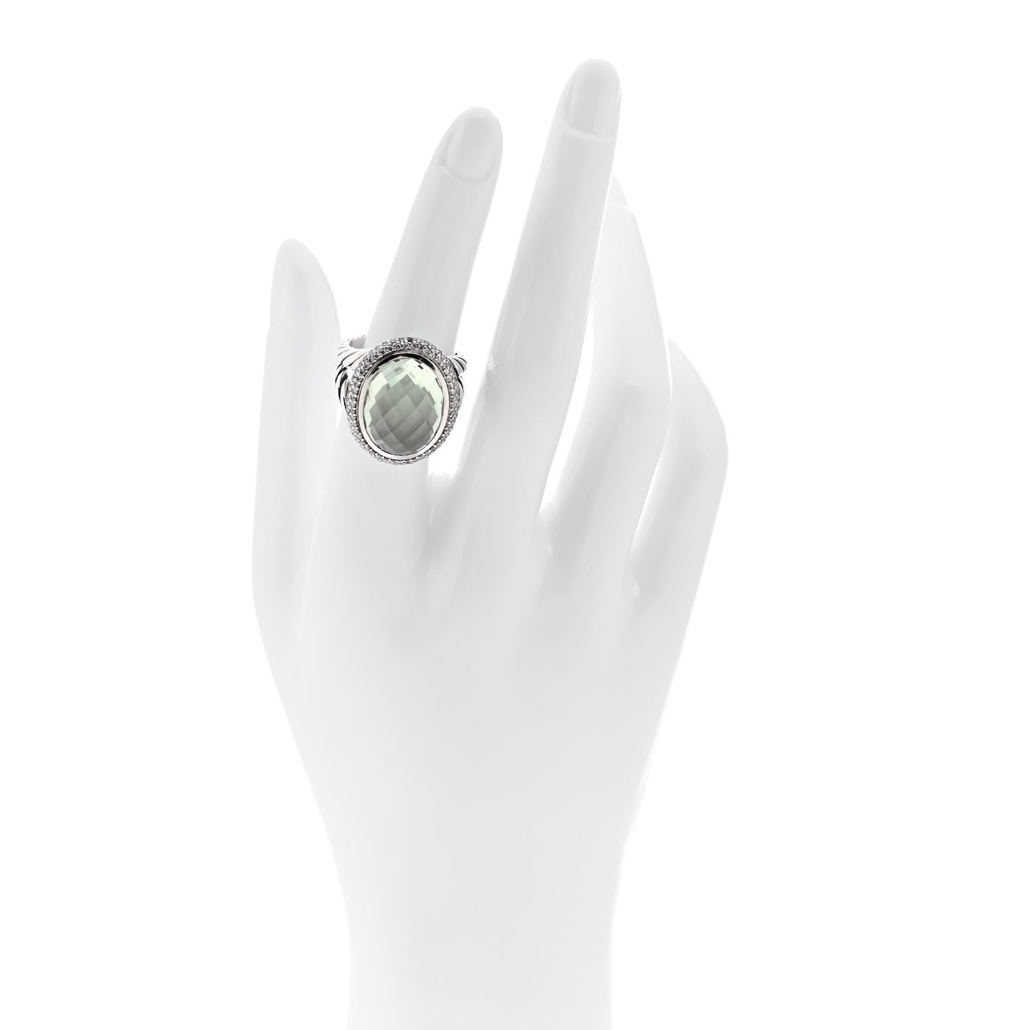 David Yurman Sterling Silver Diamond Prasiolite 18mm Signature Oval Ring 54 6.75 2 of 7