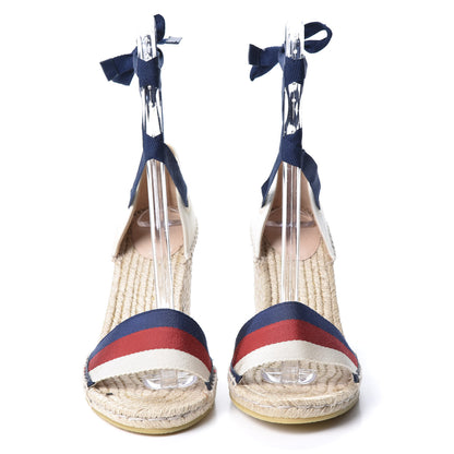 Gucci Canvas Sylvie Web Ankle Wrap Espadrille Wedge Sandals 42 Mystic White Hibiscus Red Maritime 2 of 10