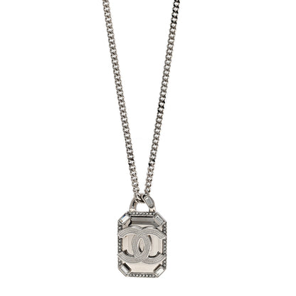 Chanel Crystal Baguette CC Mirror Pendant Necklace Silver 1 of 5