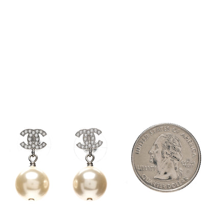 Chanel Crystal Pearl CC Drop Earrings Silver Pearly White 2 of 6