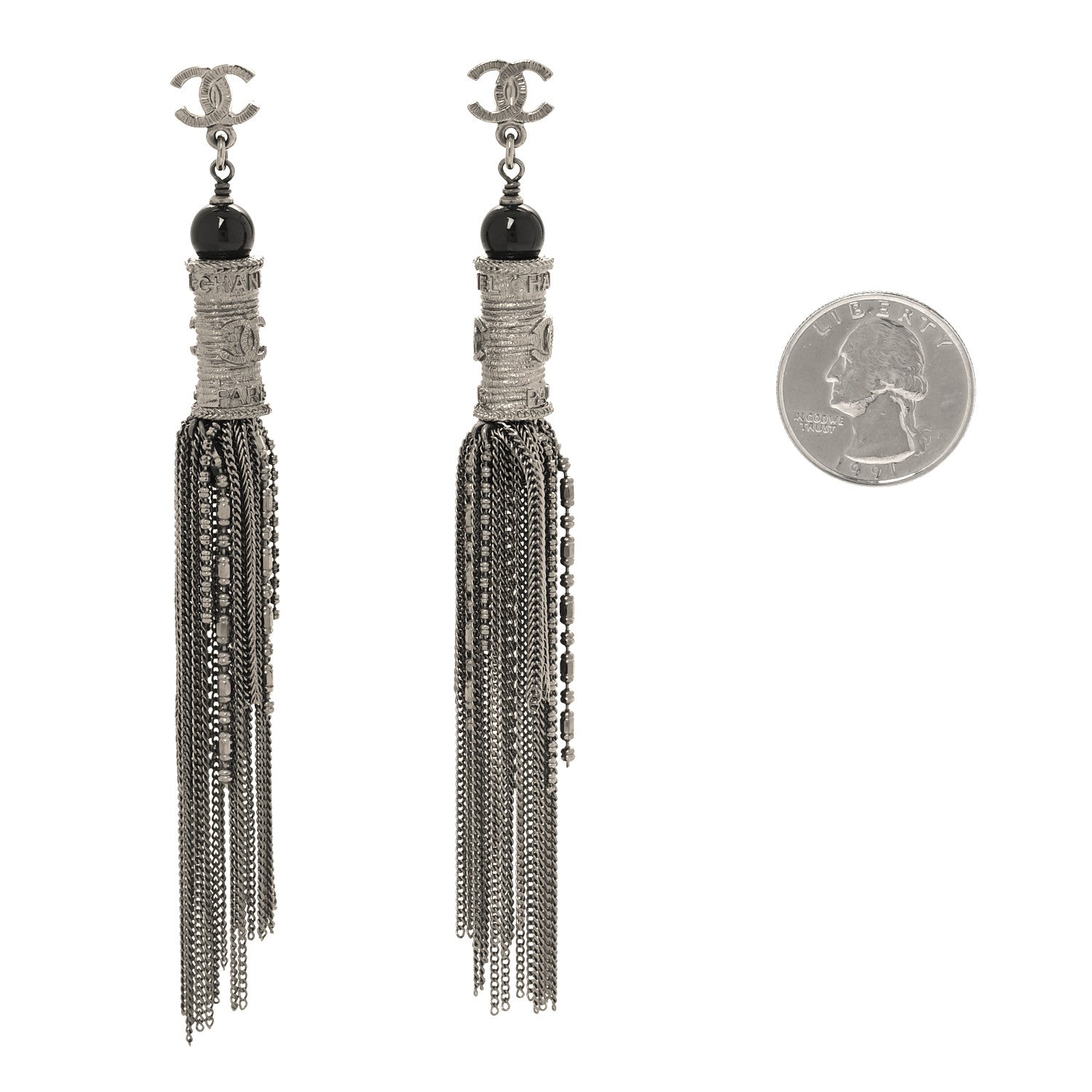 Chanel Metal CC Chain Tassel Paris Shanghai Earrings Ruthenium 2 of 3