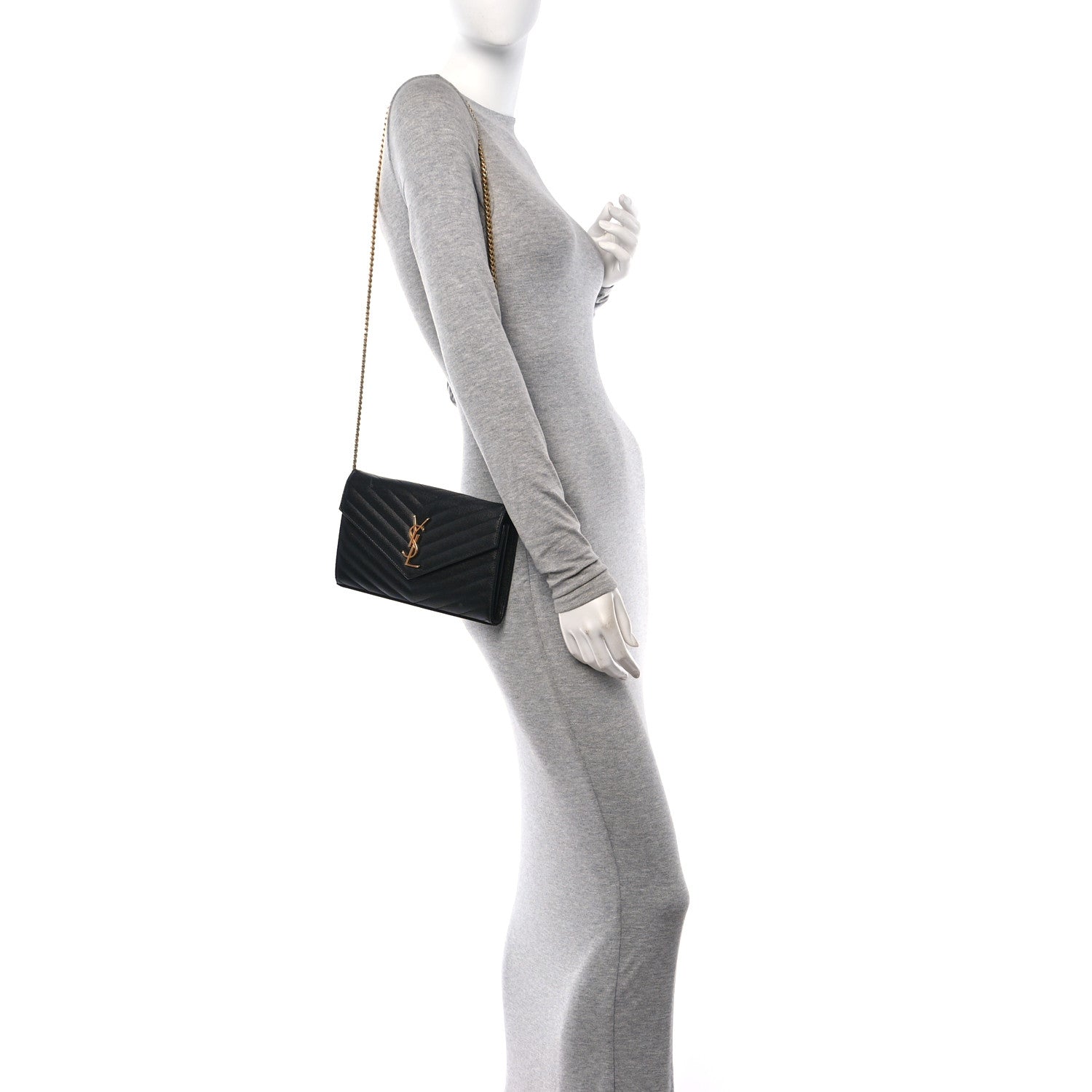 Saint Laurent Grain De Poudre Matelasse Chevron Monogram Chain Wallet Black 2 of 9
