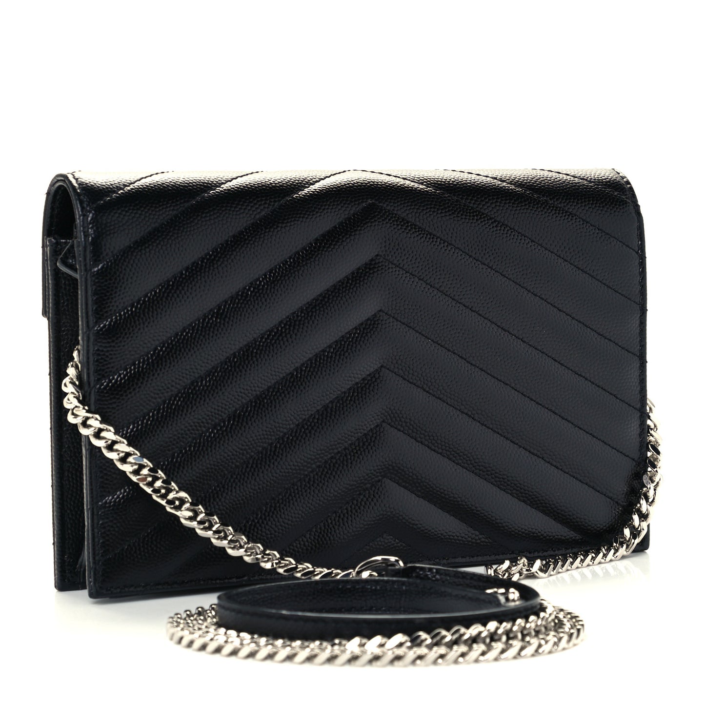Grain De Poudre Matelasse Chevron Monogram Envelope Chain Wallet Black