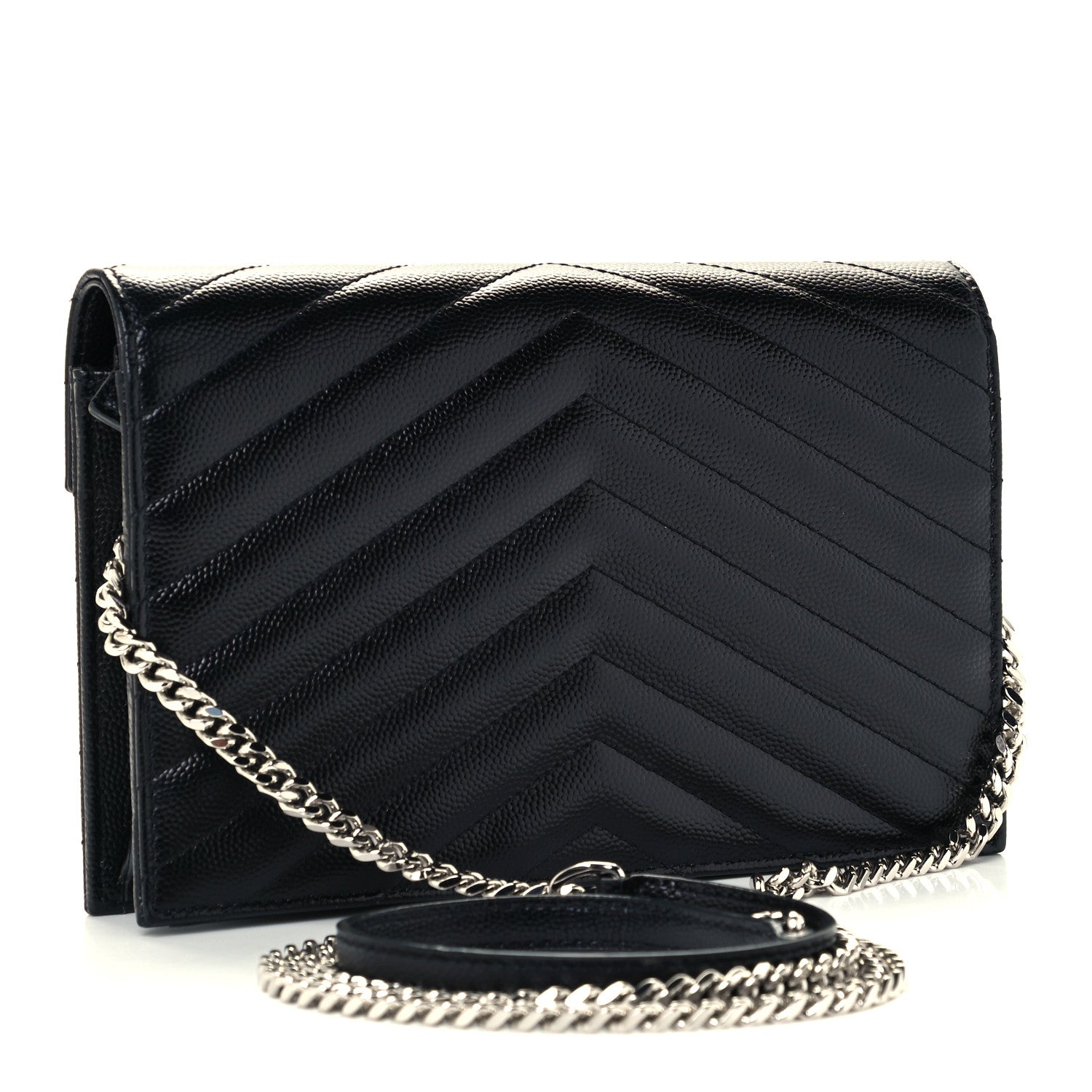 Saint Laurent Grain De Poudre Matelasse Chevron Monogram Envelope Chain Wallet Black 2 of 9