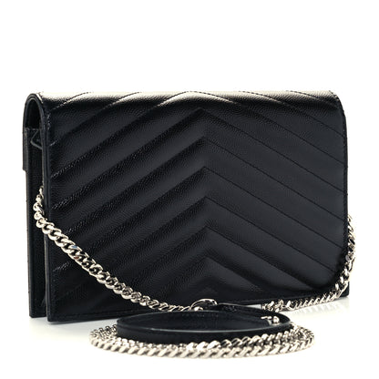 Saint Laurent Grain De Poudre Matelasse Chevron Monogram Envelope Chain Wallet Black 2 of 9