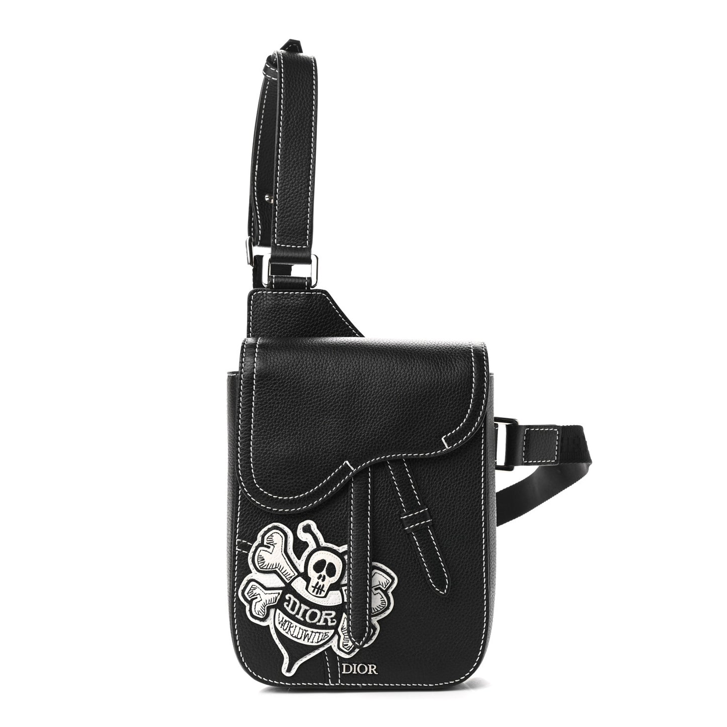 X SHAWN STUSSY Grained Calfskin Saddle Messenger Bag Black