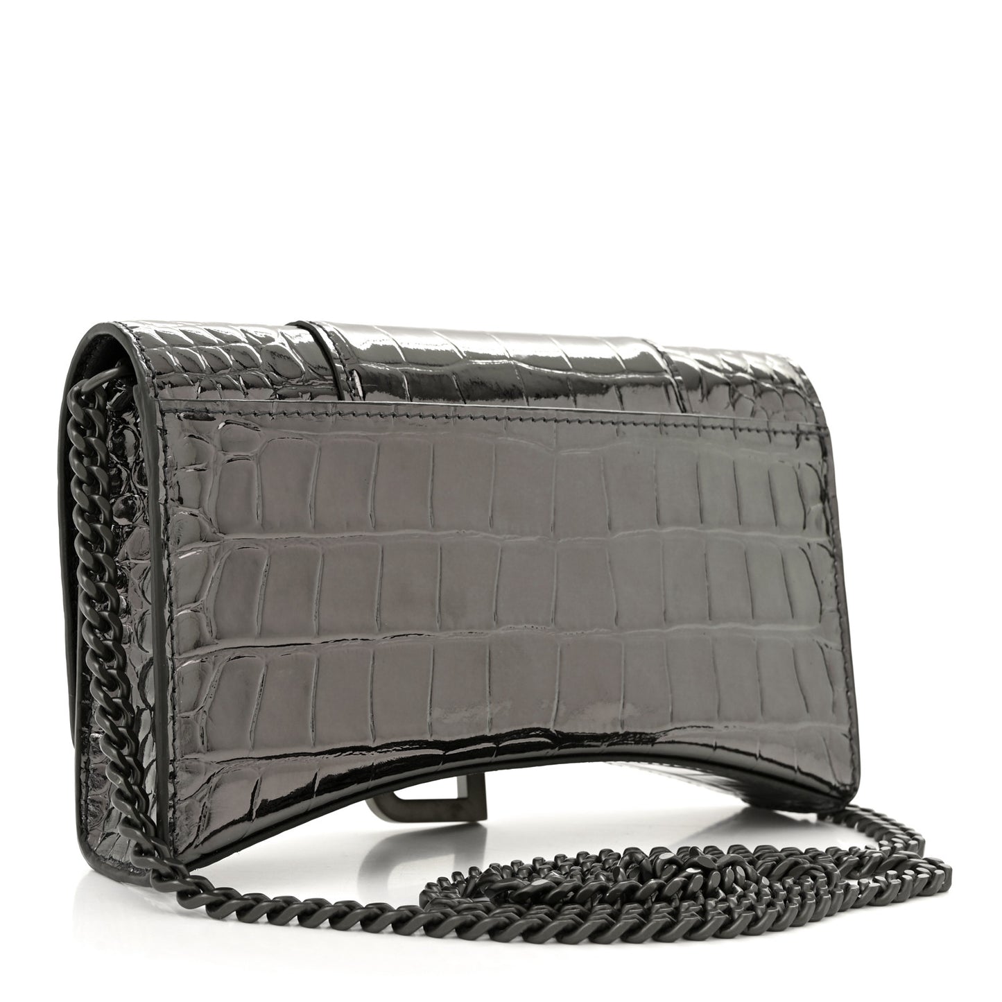 Shiny Metallic Calfskin Crocodile Embossed Hourglass Chain Bag Gunmetal