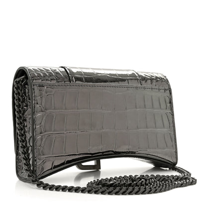 Balenciaga Shiny Metallic Calfskin Crocodile Embossed Hourglass Chain Bag Gunmetal 3 of 9