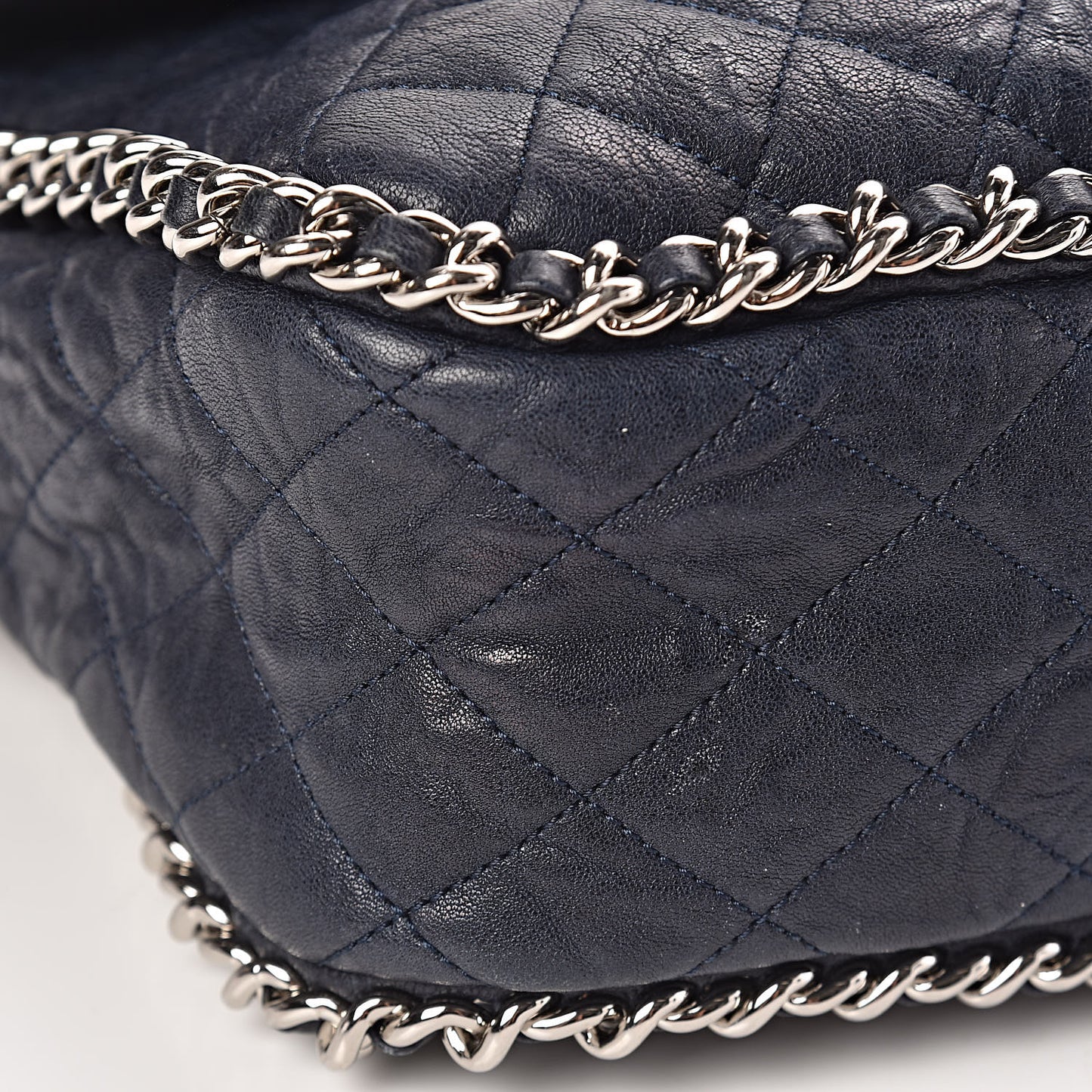 Washed Lambskin Quilted Chain Around Maxi Flap Dark Navy Blue