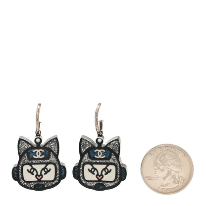 Chanel Resin Emoji Robot Cat Drop Earrings Black Silver Blue 2 of 5