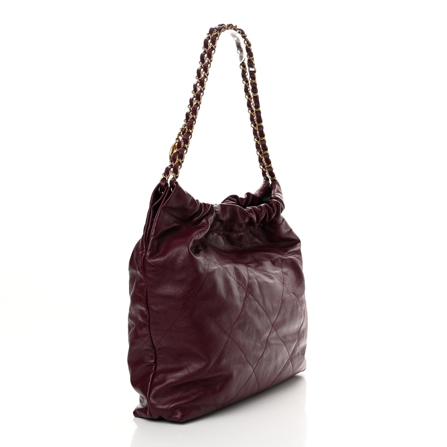 Shiny Calfskin Quilted Chanel 22 Drawstring Bag Dark Purple