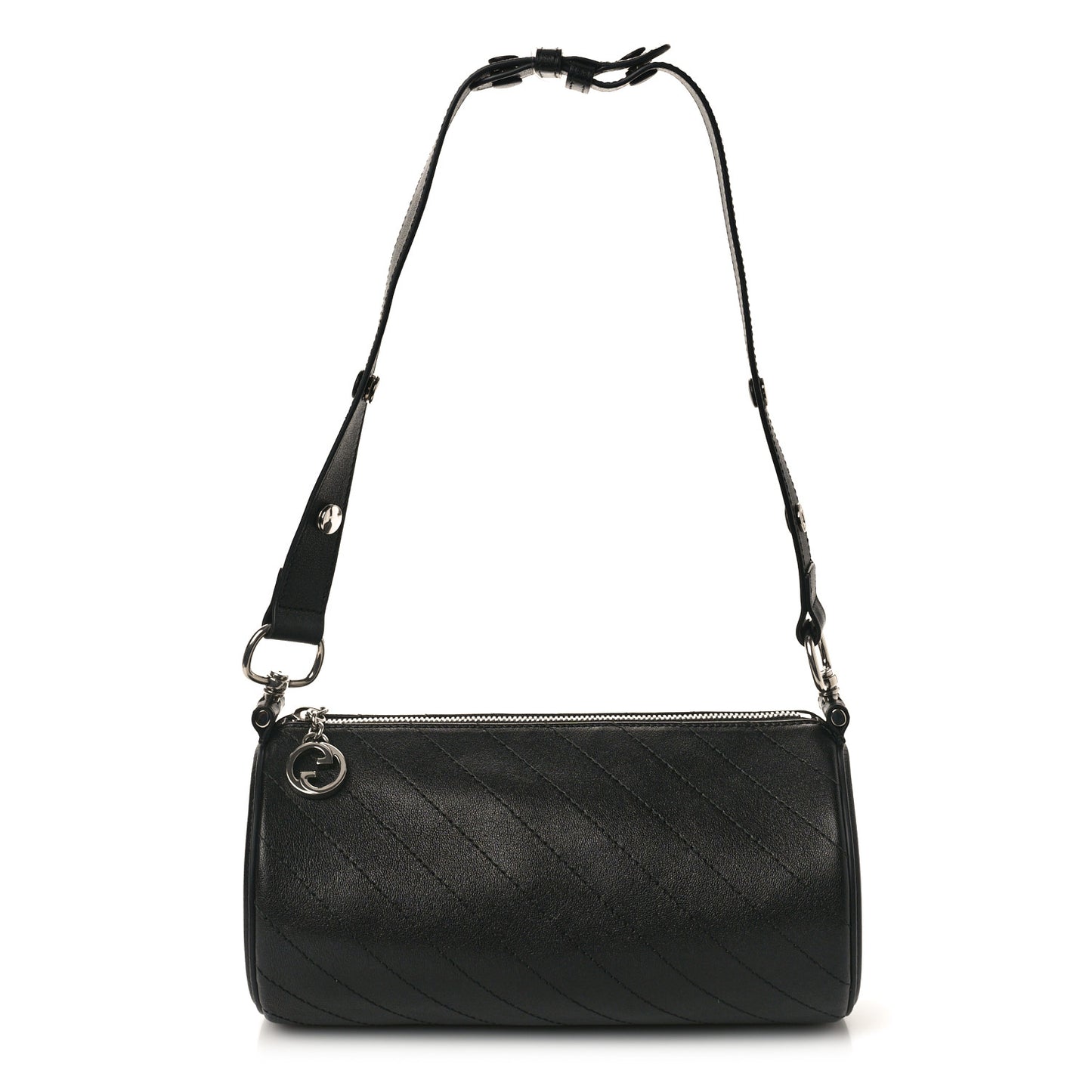 Sakai Be Green Calfskin Diagonal Stitched Mini Blondie Barrel Shoulder Bag Black