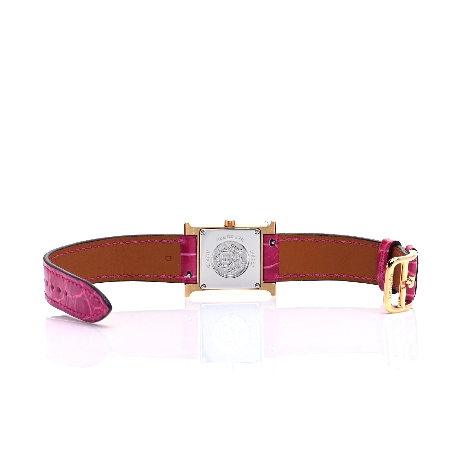 Hermes Stainless Steel Alligator Diamond Mother of Pearl 21mm Heure H Hour Quartz Watch Framboise 5 of 6