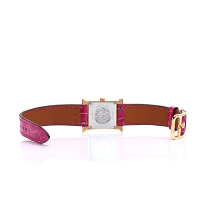 Hermes Stainless Steel Alligator Diamond Mother of Pearl 21mm Heure H Hour Quartz Watch Framboise 5 of 6