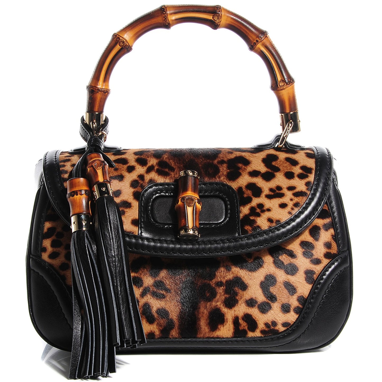 Calf Hair Jaguar Printed Medium New Bamboo Top Handle Bag Black