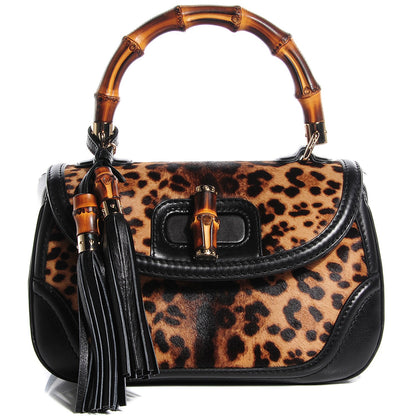 Gucci Calf Hair Jaguar Printed Medium New Bamboo Top Handle Bag Black 1 of 7