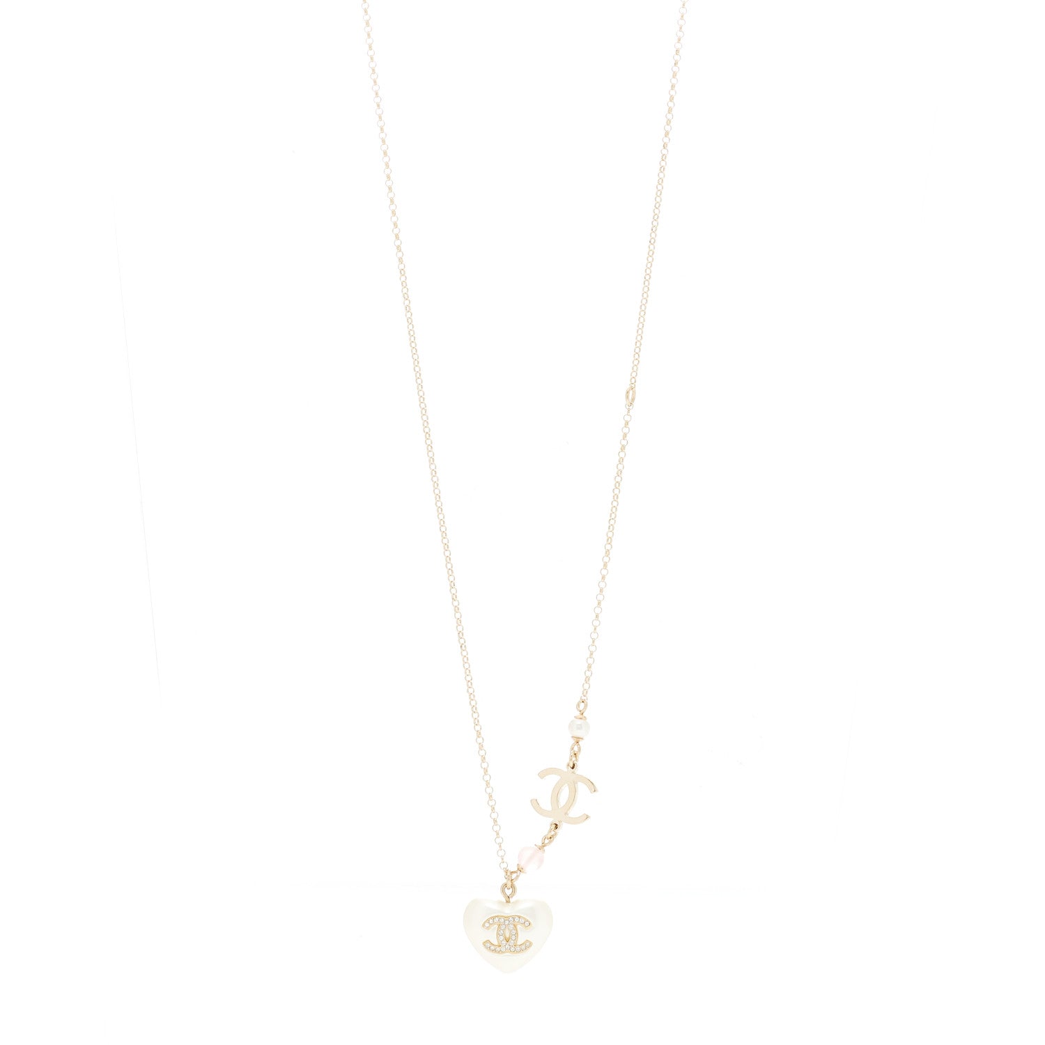 Chanel Resin Crystal CC Heart Necklace Pearly White Gold 1 of 6