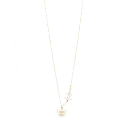 Chanel Resin Crystal CC Heart Necklace Pearly White Gold 1 of 6