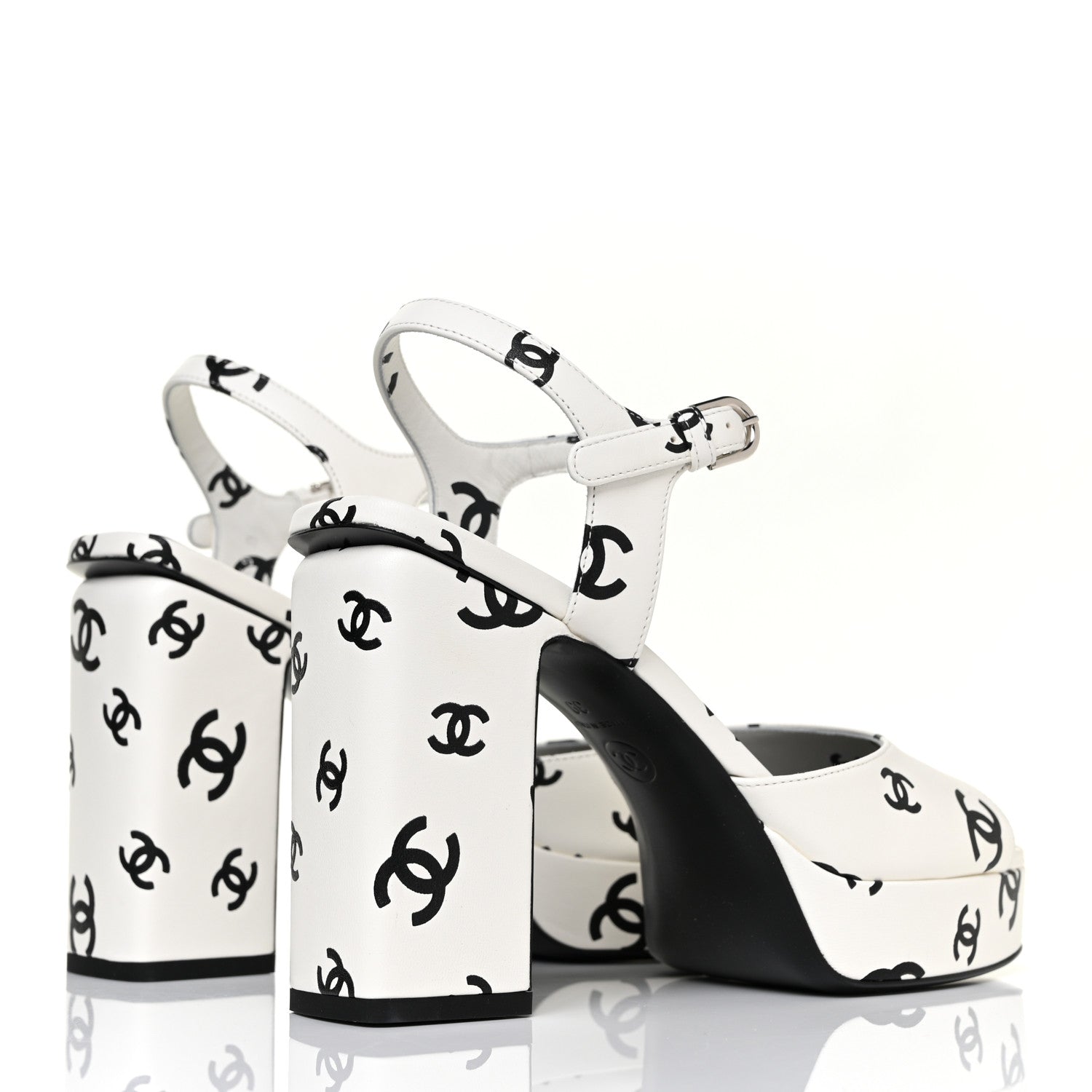 Chanel Printed Lambskin Coco Beach Platform Sandals 39 White Black 5 of 10