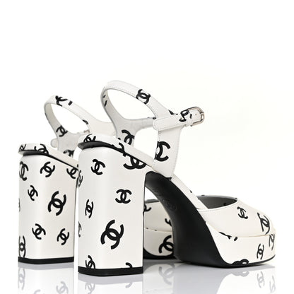 Chanel Printed Lambskin Coco Beach Platform Sandals 39 White Black 5 of 10