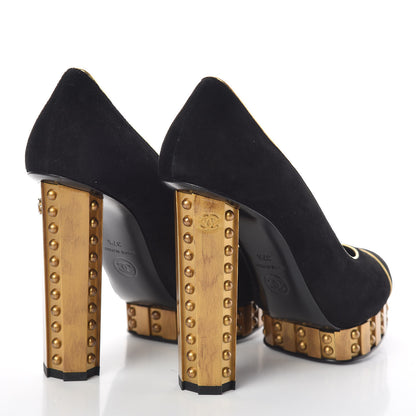 Chanel Suede Studded Platform Pumps 37.5 Black Gold 4 of 8