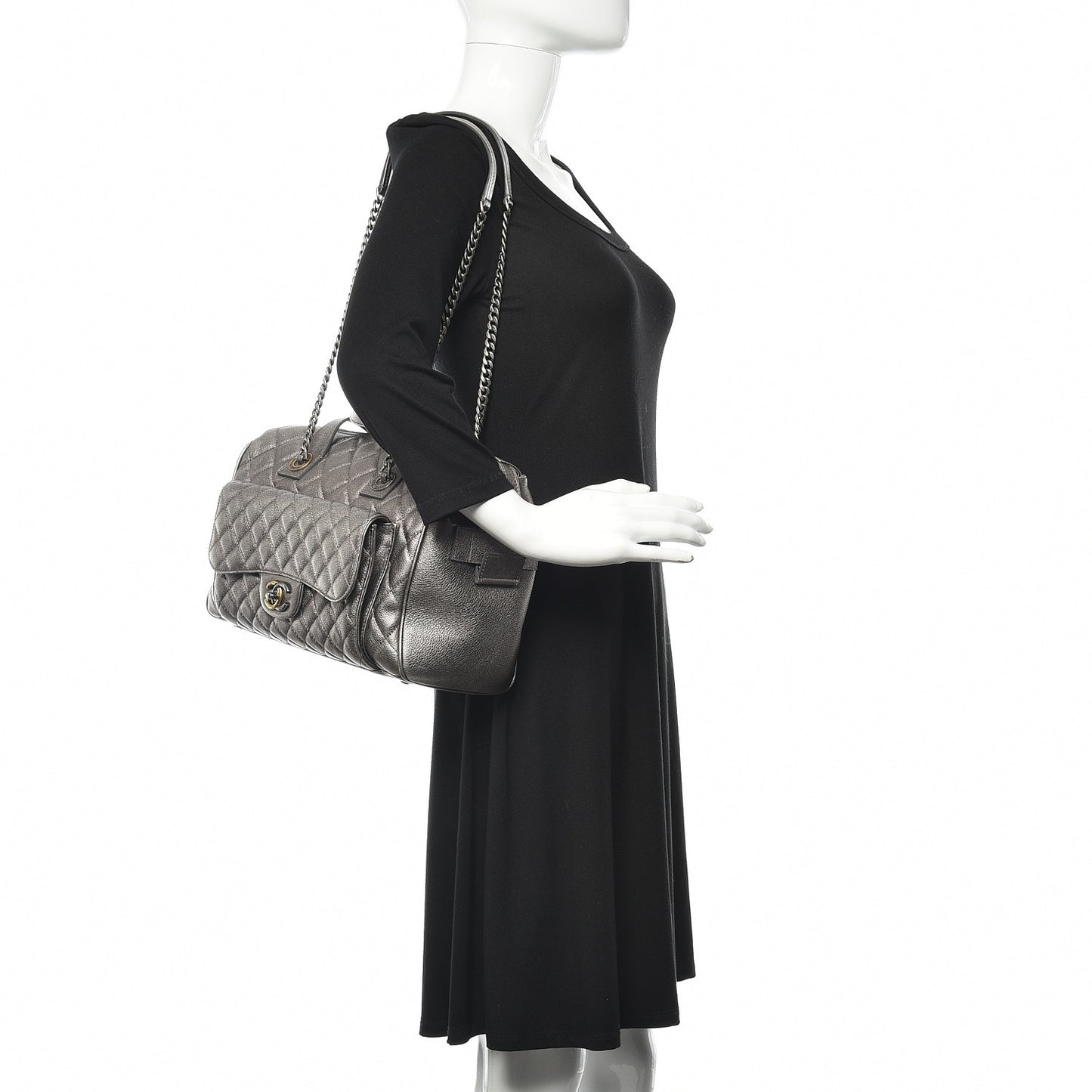 Metallic Grained Calfskin Quilted Large Casual Pocket Bowling Bag Silver