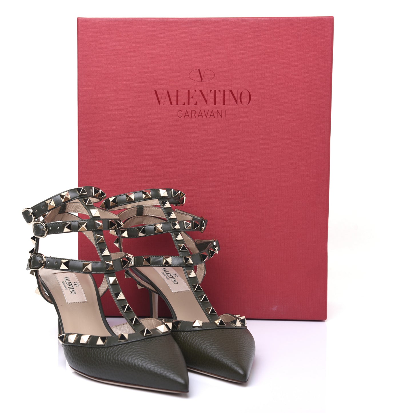Pebbled Calfskin Rockstud Ankle Strap 65mm Pumps 37 Olive Green