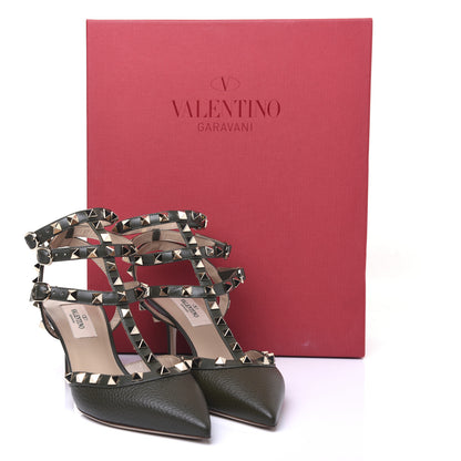 Valentino Garavani Pebbled Calfskin Rockstud Ankle Strap 65mm Pumps 37 Olive Green 8 of 8