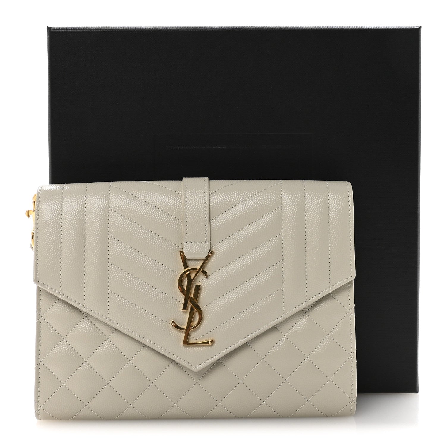 Saint Laurent Grain De Poudre Textured Mixed Matelasse Triquilt Monogram Clutch Crema Soft 7 of 7