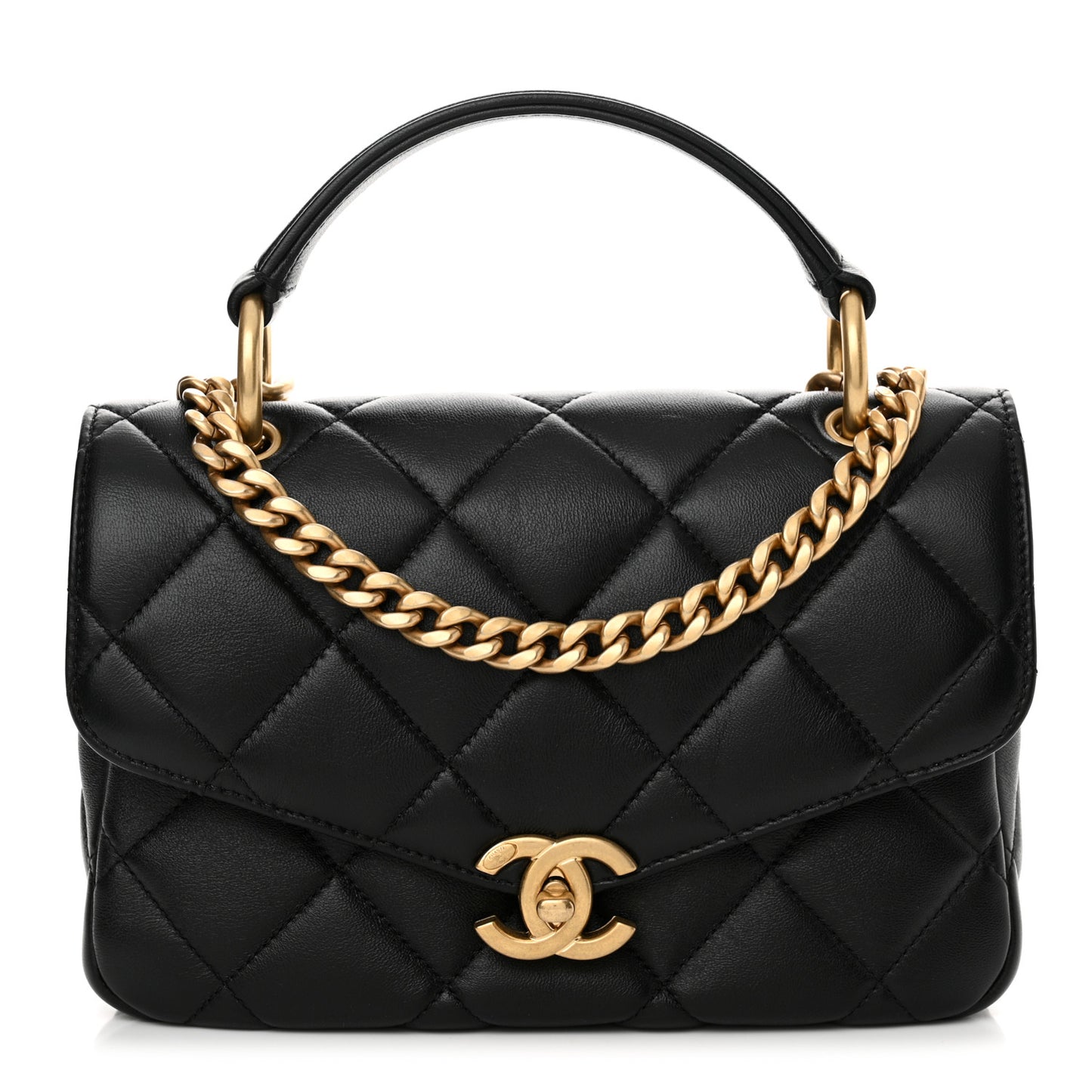 Lambskin Quilted Top Handle Flap Black