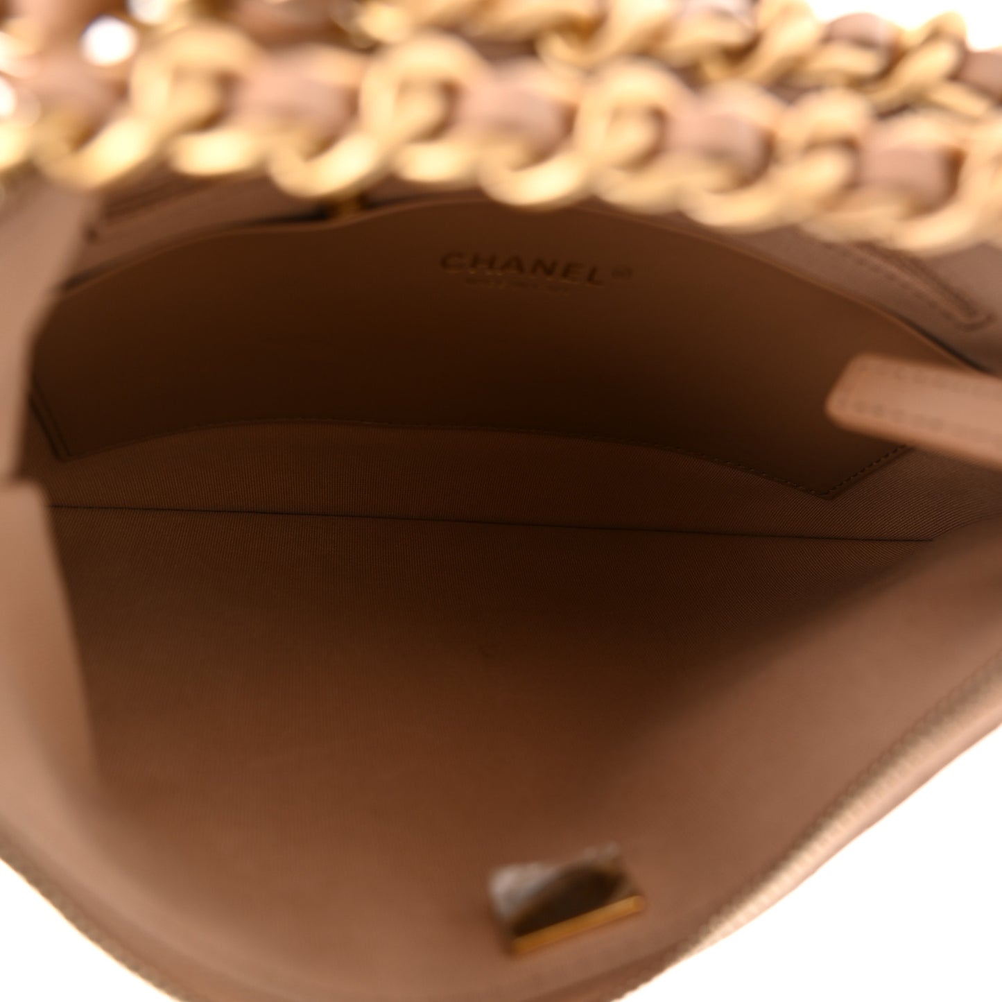Shiny Crumpled Lambskin Quilted Large Trendy Chain Around Hobo Dark Beige