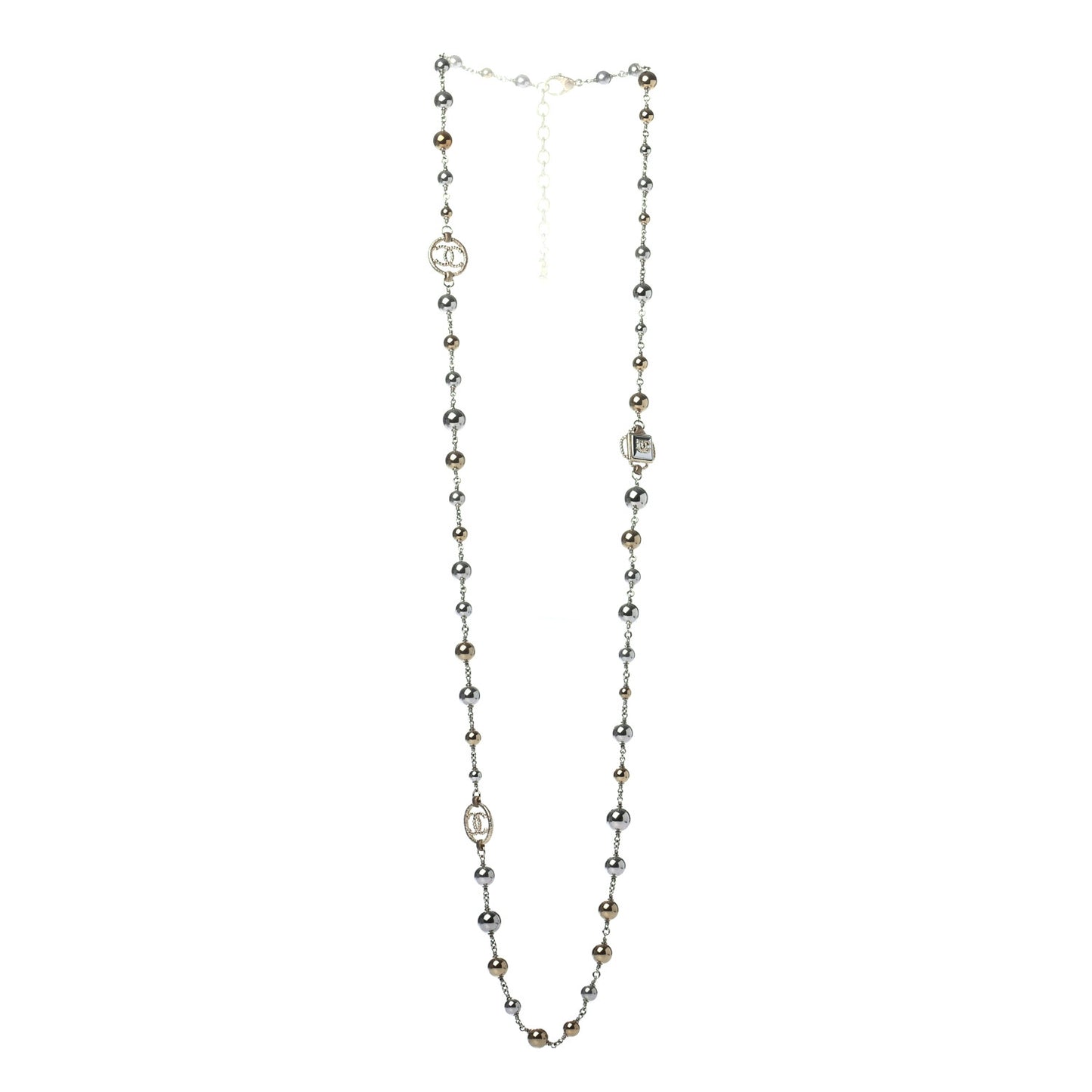 Pearl Bead Enamel CC Long Necklace Gold Silver