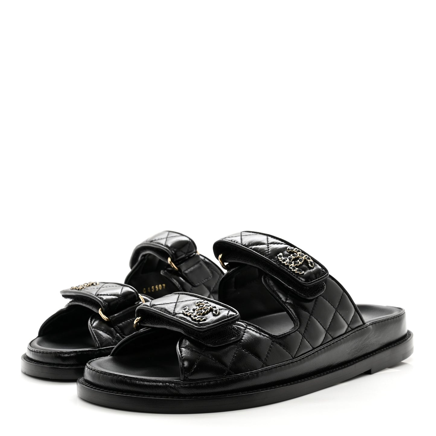 Lambskin Quilted Velcro Dad Chain CC Slide Sandals 38 Black