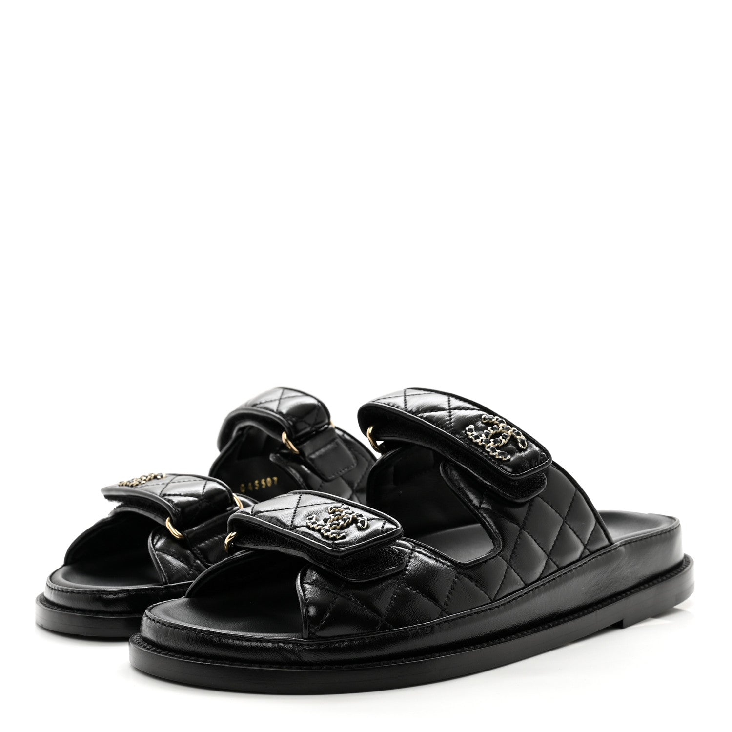 Chanel Lambskin Quilted Velcro Dad Chain CC Slide Sandals 38 Black 4 of 8
