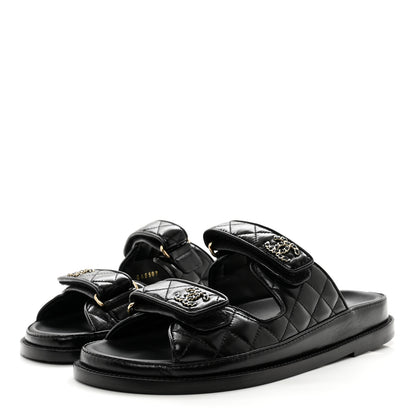 Chanel Lambskin Quilted Velcro Dad Chain CC Slide Sandals 38 Black 4 of 8