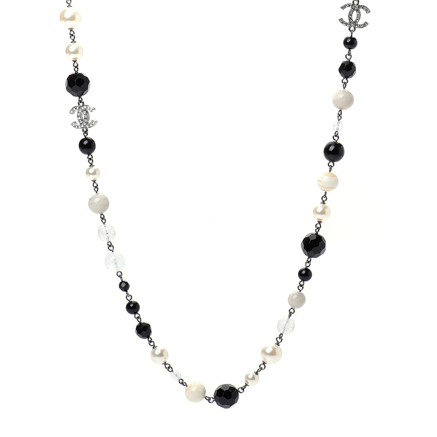 Pearl Crystal Bead CC Long Necklace Black Silver