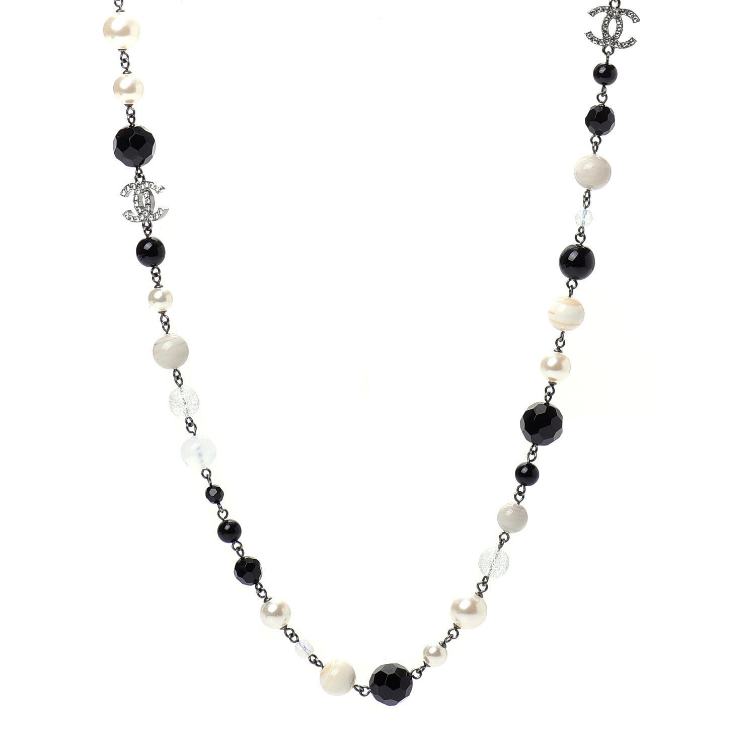 Chanel Pearl Crystal Bead CC Long Necklace Black Silver 1 of 6