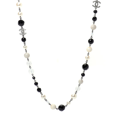 Chanel Pearl Crystal Bead CC Long Necklace Black Silver 1 of 6