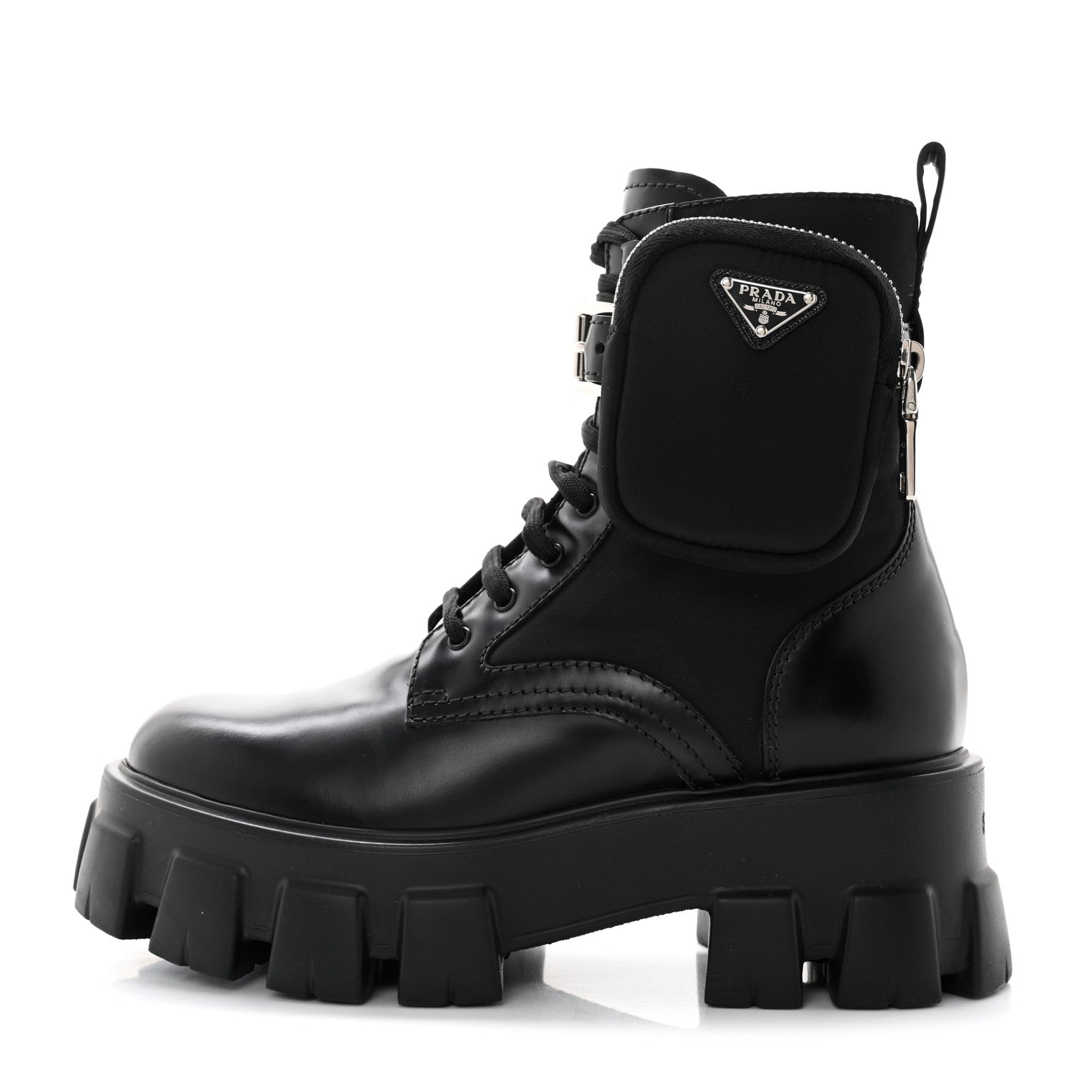 Prada Spazzolato Rois Nylon Metal Triangle Logo Monolith Pouch Pocket 55mm Boots 36.5 Black 1 of 8