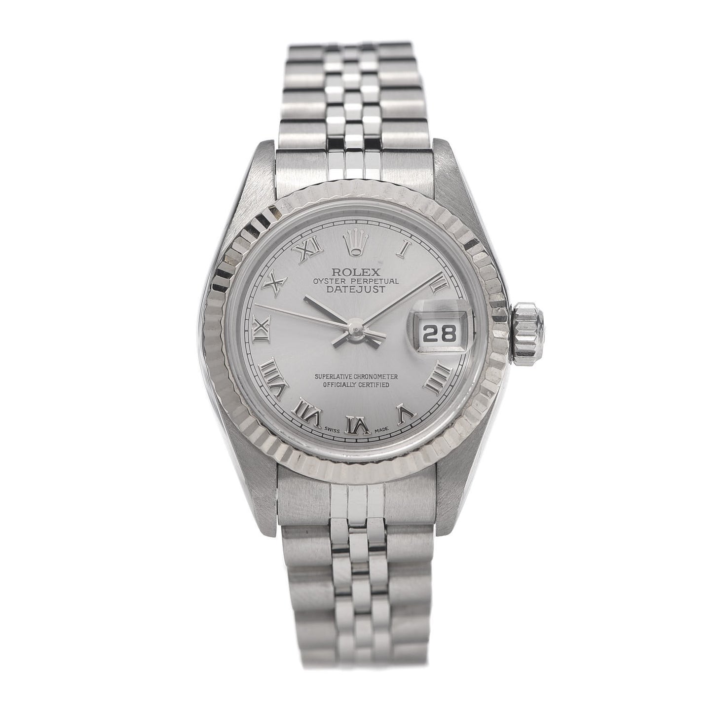 Stainless Steel 18K White Gold 26mm Oyster Perpetual Datejust Watch Silver Roman 79174