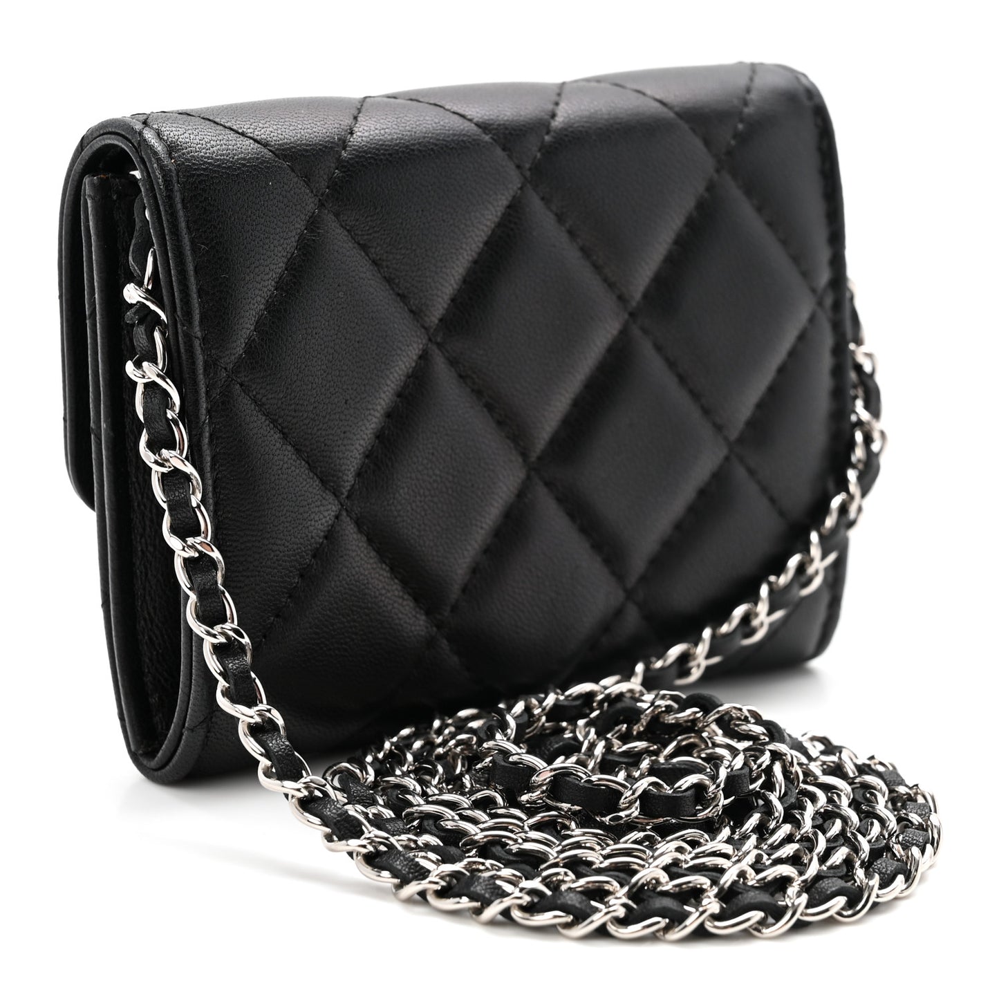 Lambskin Quilted Card Holder On Chain Black