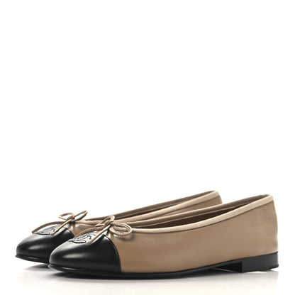 Chanel Lambskin Cap Toe CC Ballerina Flats 36.5 Dark Beige Black 4 of 9