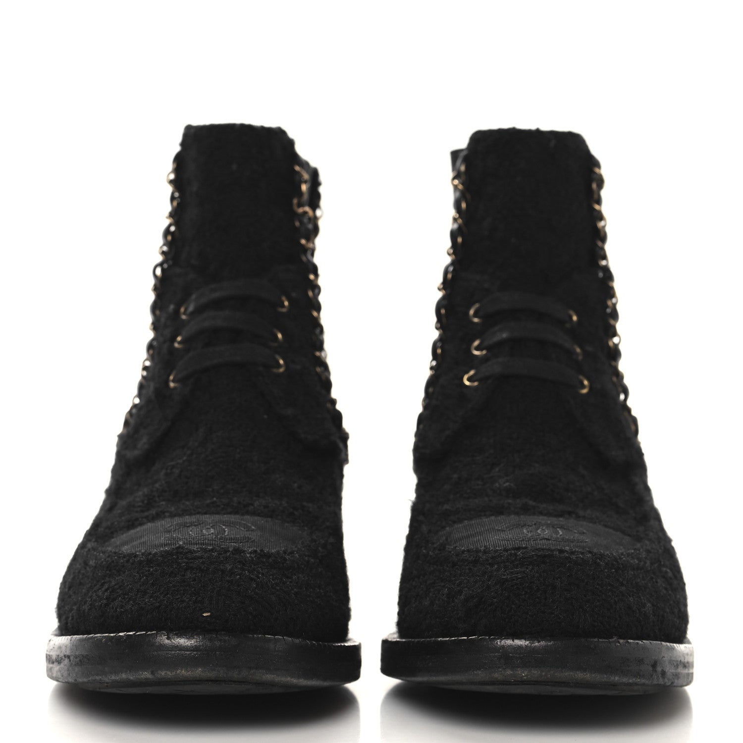 Chanel Tweed Calfskin Chain Lace Up Boots 37.5 Black 3 of 9