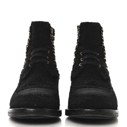Chanel Tweed Calfskin Chain Lace Up Boots 37.5 Black 3 of 9