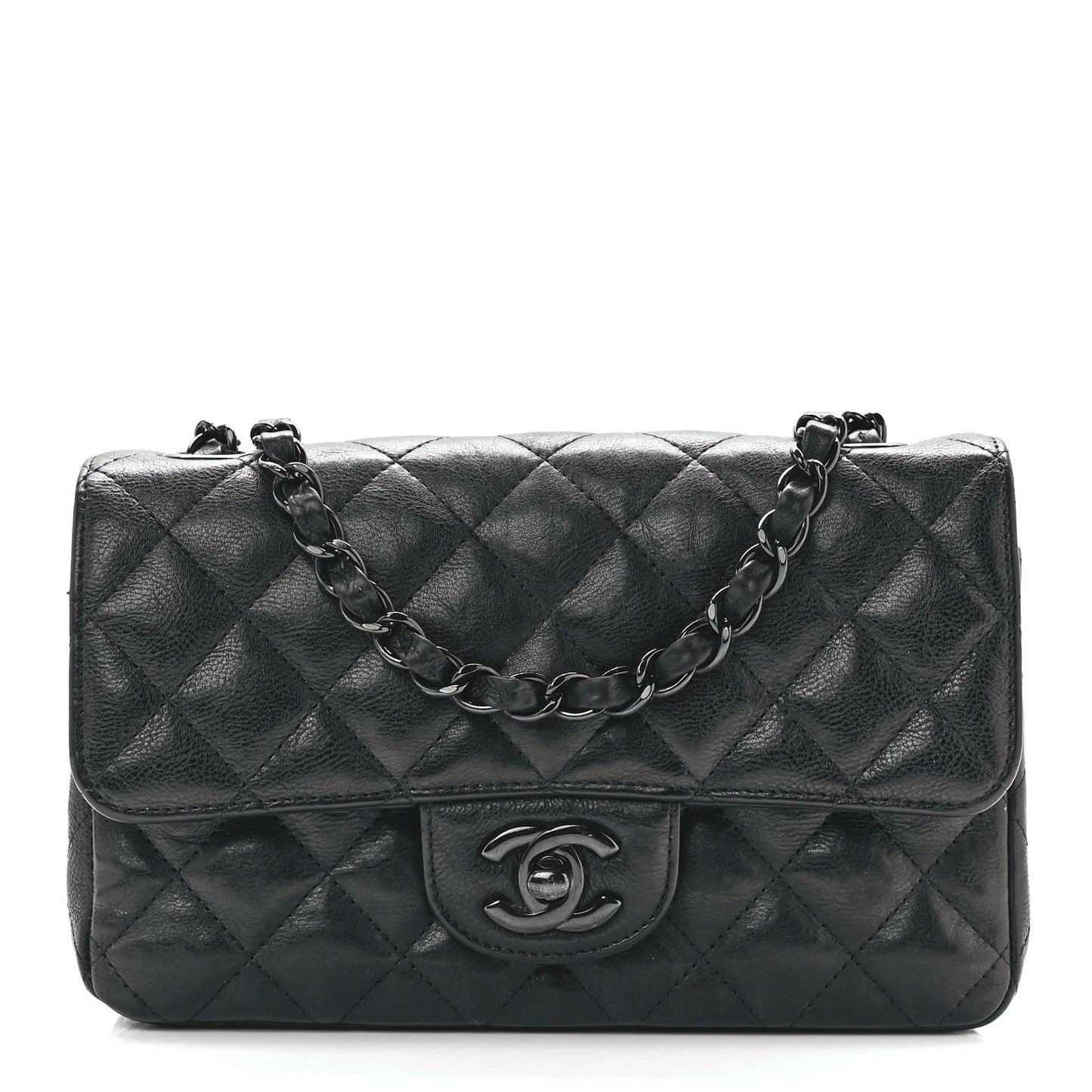 Crumpled Calfskin Quilted Mini Rectangular Flap So Black