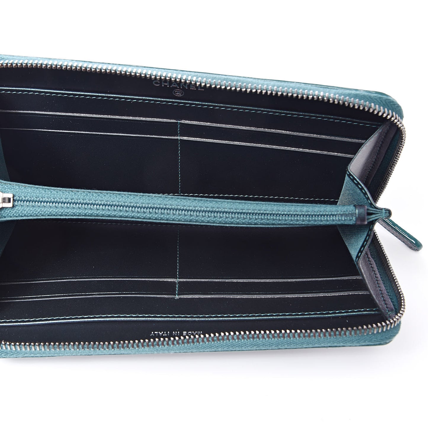 Iridescent Caviar Quilted Large Filigree Zip Around Wallet Dark Turquoise