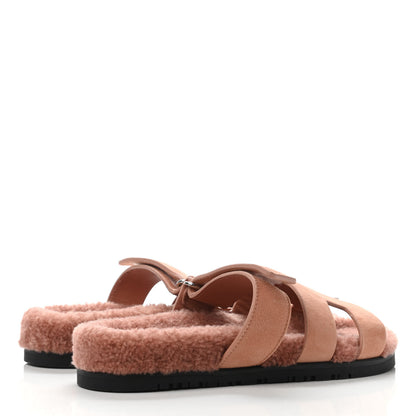Hermes Suede Goatskin Woolskin Womens Chypre Sandals 37.5 Rose Aube 3 of 4